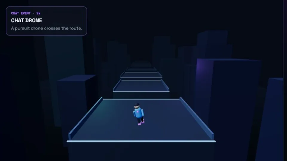 Actual gameplay from Rooftop Relay, an interactive Twitch chat game